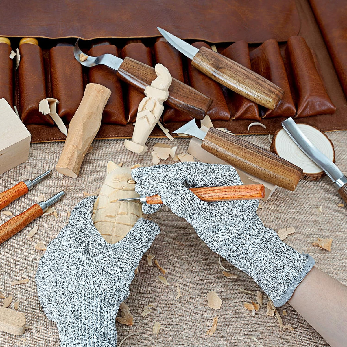 Wood Carving Kit, 20Pcs Wood Carving Tools with Leather Storage Bag, Whittling Kit with 3Pcs Chisels & 8Pcs Whittling Knives & 5 Detail Knives for Beginners and Enthusiasts