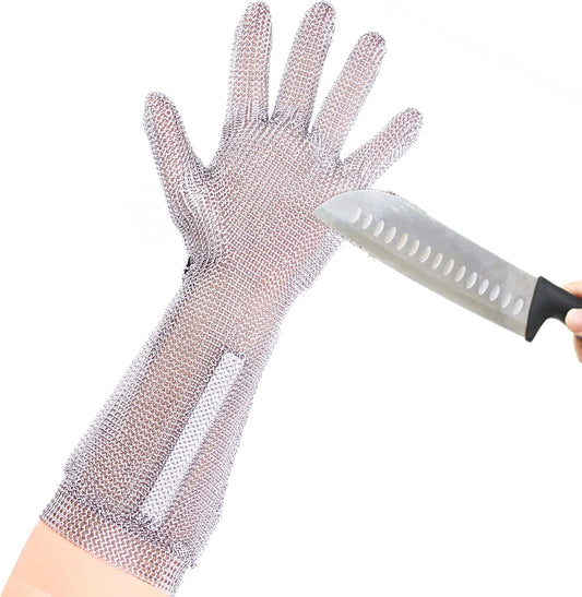 20cm Long Chainmail Glove for Butcher,Cut Resistant Gloves Food Grade,Stainless Steel Gloves Metal Glove