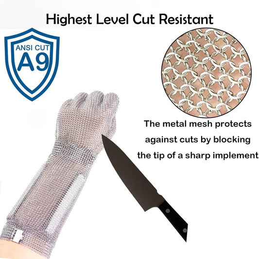 20cm Long Chainmail Glove for Butcher,Cut Resistant Gloves Food Grade,Stainless Steel Gloves Metal Glove