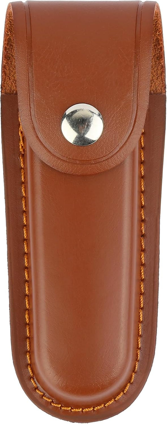 Leather Pocket Knife Sheath, 4" Folding Knife Case, Durable Multitool Holster with Snap Closure and Belt Loop, EDC Knife Pouch for Multitools, Pocket Knives, and Outdoor Activities, Brown