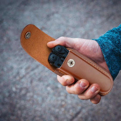 Leather Pocket Knife Sheath, 4" Folding Knife Case, Durable Multitool Holster with Snap Closure and Belt Loop, EDC Knife Pouch for Multitools, Pocket Knives, and Outdoor Activities, Brown