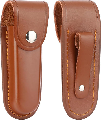 Leather Pocket Knife Sheath, 4" Folding Knife Case, Durable Multitool Holster with Snap Closure and Belt Loop, EDC Knife Pouch for Multitools, Pocket Knives, and Outdoor Activities, Brown