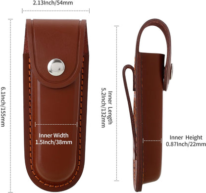 Leather Pocket Knife Sheath, 4" Folding Knife Case, Durable Multitool Holster with Snap Closure and Belt Loop, EDC Knife Pouch for Multitools, Pocket Knives, and Outdoor Activities, Brown