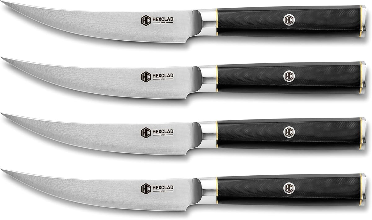 4 Pc Master Series Damascus Steel Steak Knife Set, Full Hybrid Tang | Faux Ebony Hexagonal Handle