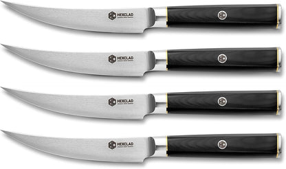 4 Pc Master Series Damascus Steel Steak Knife Set, Full Hybrid Tang | Faux Ebony Hexagonal Handle