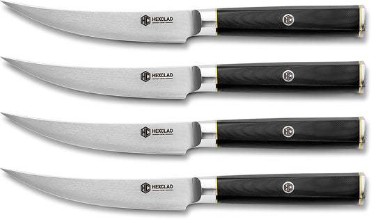 4 Pc Master Series Damascus Steel Steak Knife Set, Full Hybrid Tang | Faux Ebony Hexagonal Handle