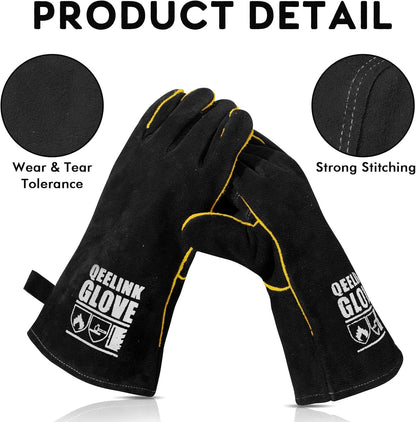 Welding Gloves - Heat Resistant Leather and Fireproof Stitching for Fireplace Fire Pit Wood Stove BBQ Gardening Gear
