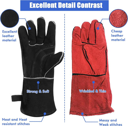 Welding Gloves - Heat Resistant Leather and Fireproof Stitching for Fireplace Fire Pit Wood Stove BBQ Gardening Gear