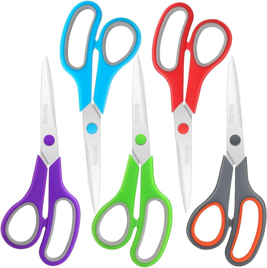 Scissors Bulk Set of 5-Pack, 8" Multipurpose Sharp Sewing Craft Fabric Scissors for Office Home High/Middle School Student Office Teacher Art Supplies, Soft Comfort-Grip Right/Left Handles