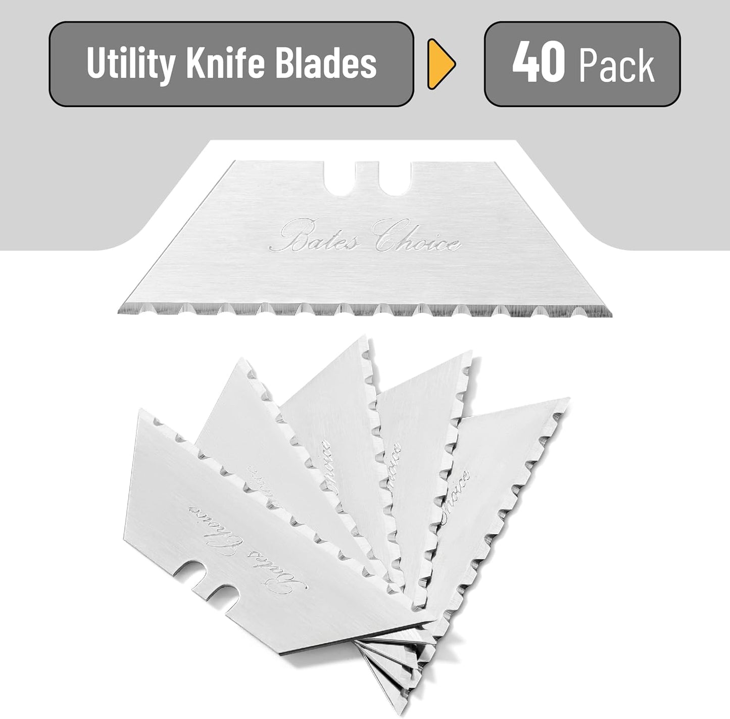 Bates- Utility Knife Blades, Serrated Edge, 60 Pack, Silver, Carbon Steel, Replacement Blade for Box Cutters