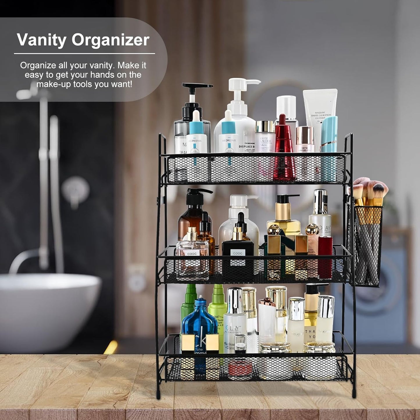 LEMIKKLE 2-Tier Bathroom Countertop Organizer,Skincare, Makeup Countertop Organizers, Kitchen, Bathroom Counter Storage with Small Basket (Black)