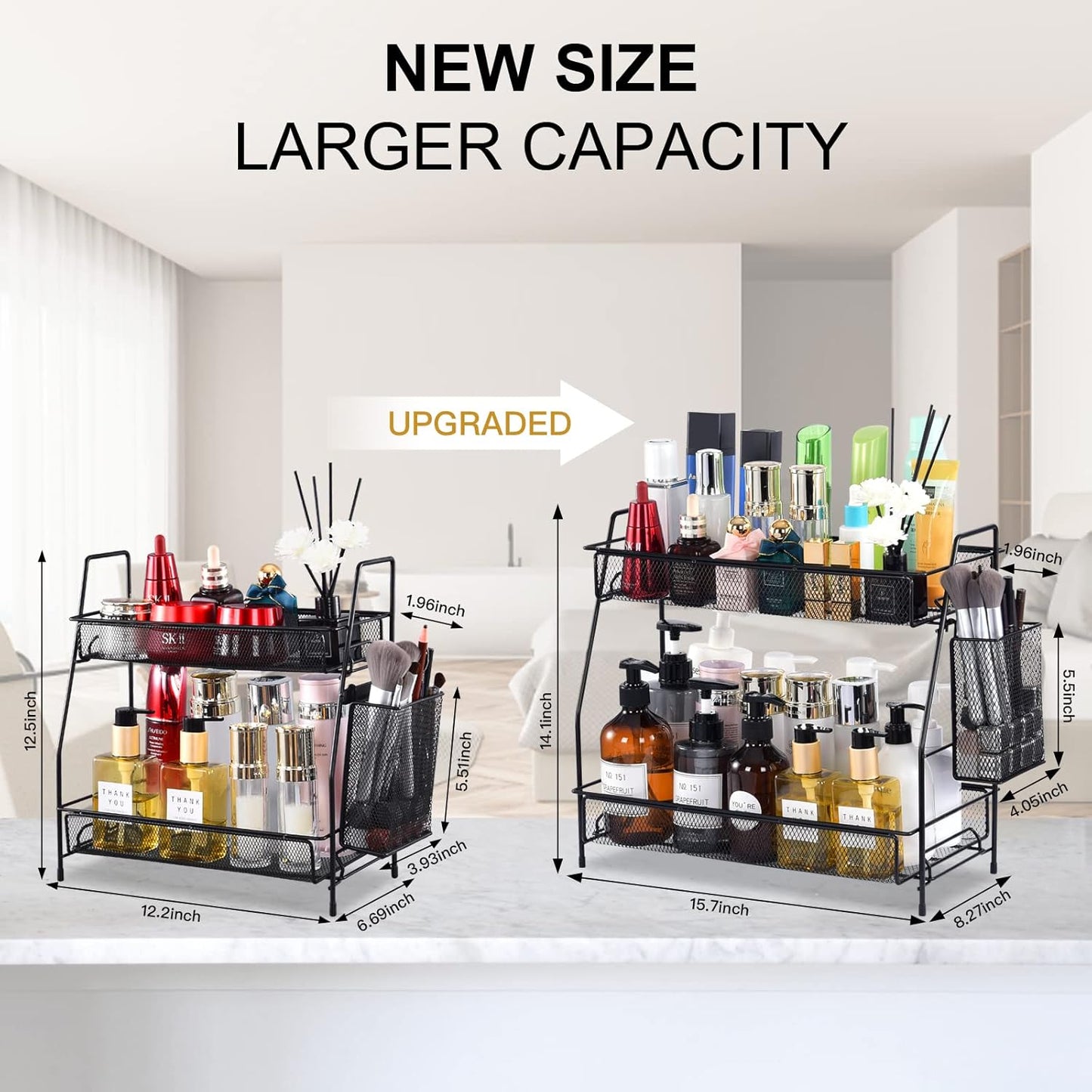 LEMIKKLE 2-Tier Bathroom Countertop Organizer,Skincare, Makeup Countertop Organizers, Kitchen, Bathroom Counter Storage with Small Basket (Black)