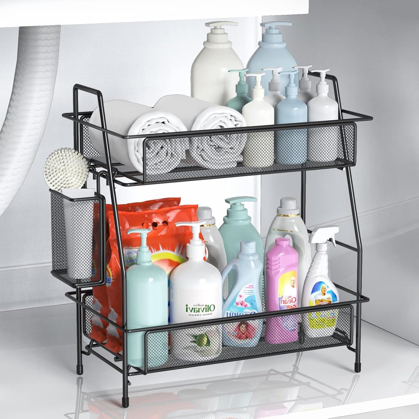 LEMIKKLE 2-Tier Bathroom Countertop Organizer,Skincare, Makeup Countertop Organizers, Kitchen, Bathroom Counter Storage with Small Basket (Black)