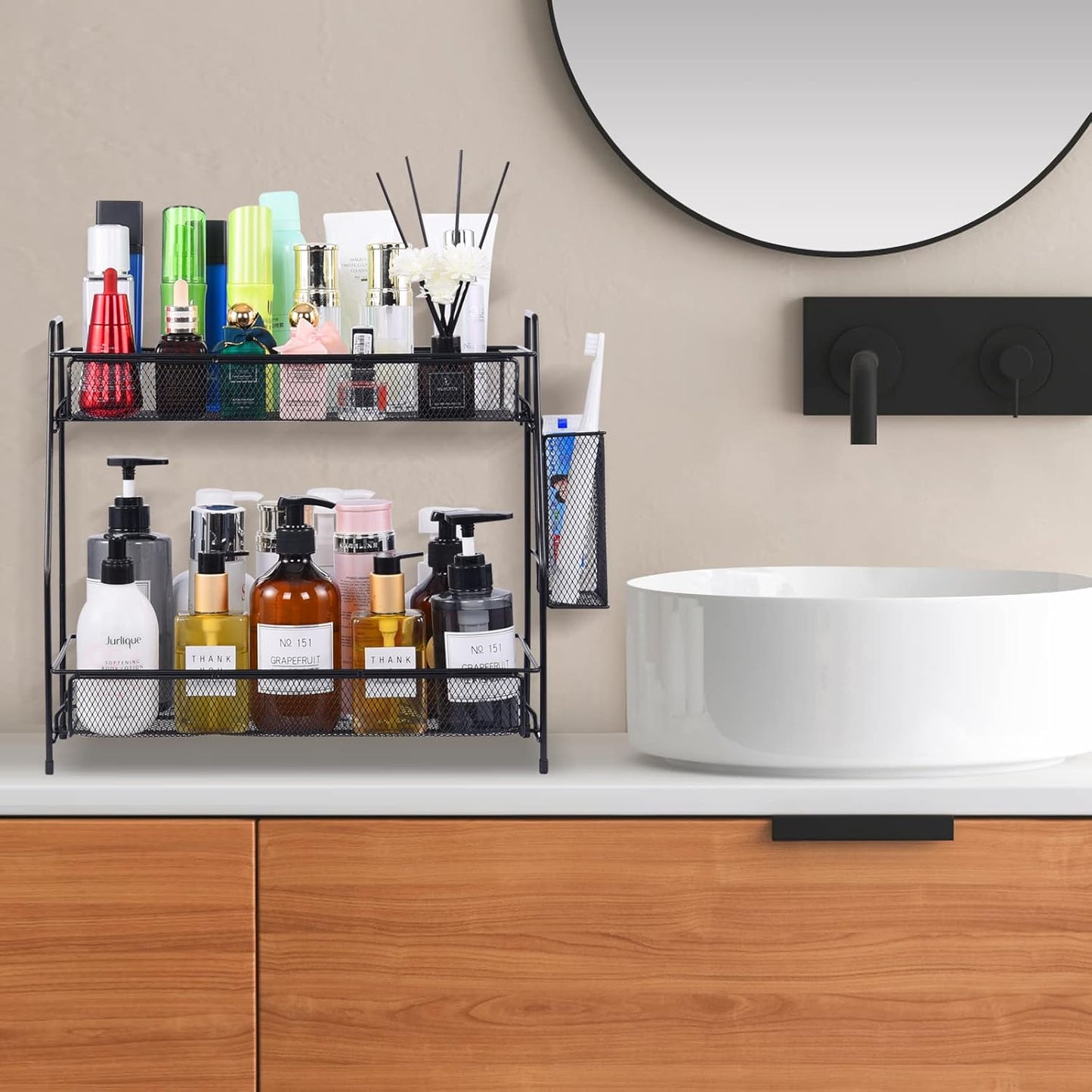 LEMIKKLE 2-Tier Bathroom Countertop Organizer,Skincare, Makeup Countertop Organizers, Kitchen, Bathroom Counter Storage with Small Basket (Black)
