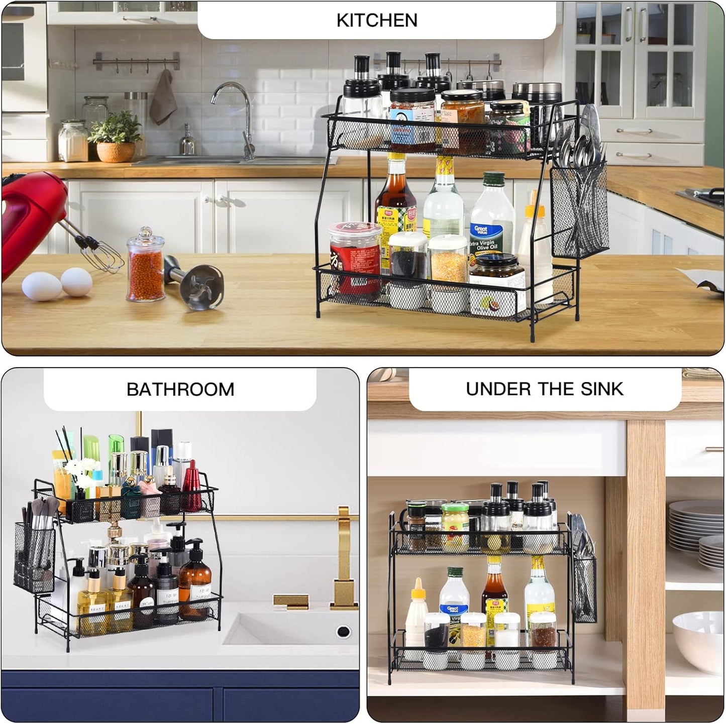 LEMIKKLE 2-Tier Bathroom Countertop Organizer,Skincare, Makeup Countertop Organizers, Kitchen, Bathroom Counter Storage with Small Basket (Black)