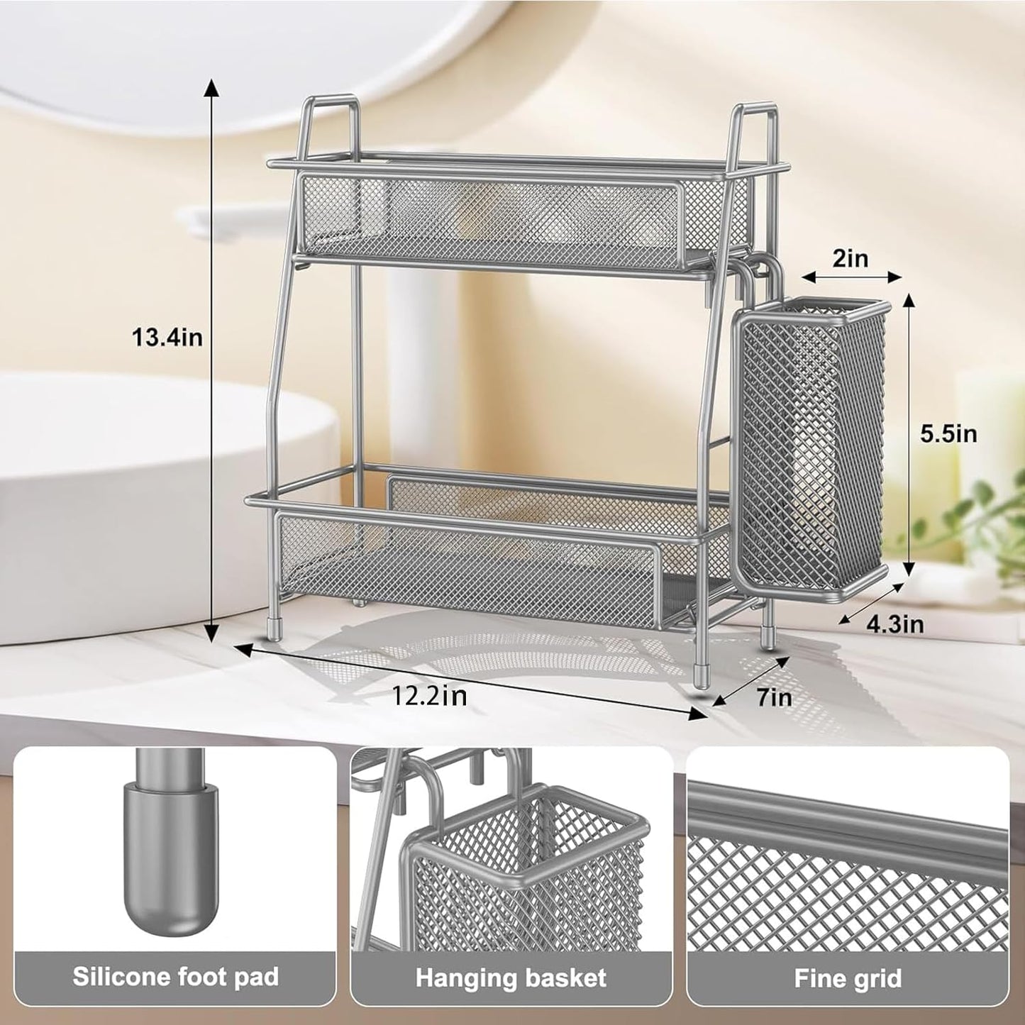 LEMIKKLE 2-Tier Bathroom Countertop Organizer,Skincare, Makeup Countertop Organizers, Kitchen, Bathroom Counter Storage with Small Basket (Black)