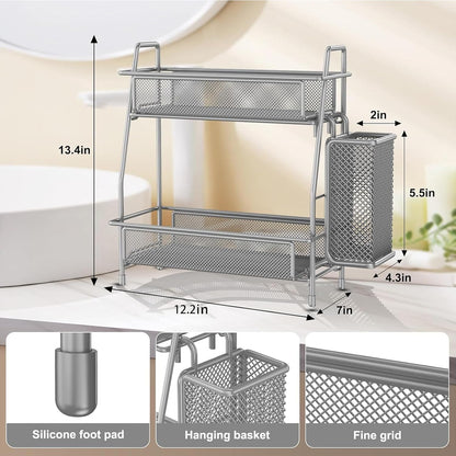 LEMIKKLE 2-Tier Bathroom Countertop Organizer,Skincare, Makeup Countertop Organizers, Kitchen, Bathroom Counter Storage with Small Basket (Black)