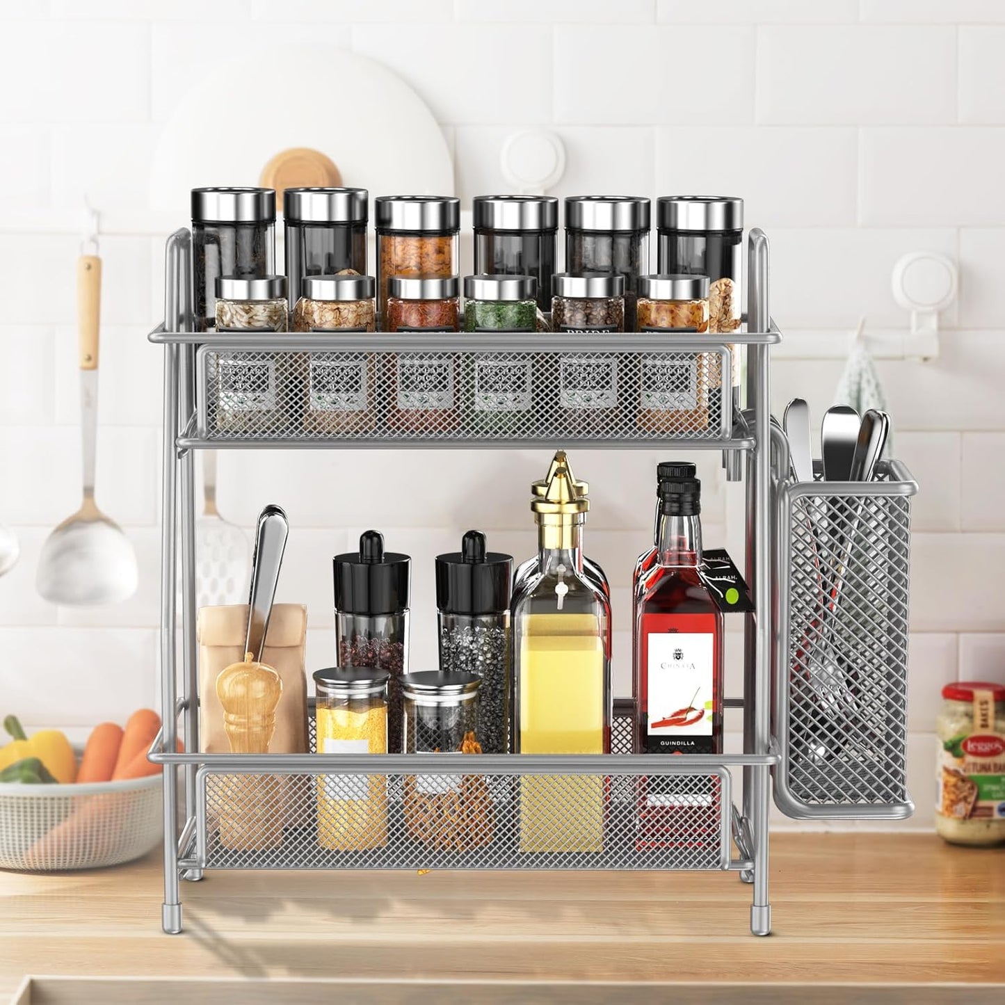 LEMIKKLE 2-Tier Bathroom Countertop Organizer,Skincare, Makeup Countertop Organizers, Kitchen, Bathroom Counter Storage with Small Basket (Black)
