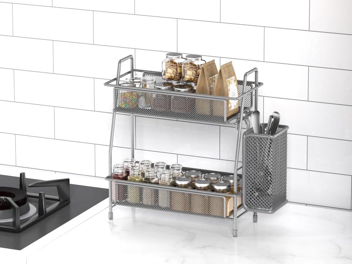 LEMIKKLE 2-Tier Bathroom Countertop Organizer,Skincare, Makeup Countertop Organizers, Kitchen, Bathroom Counter Storage with Small Basket (Black)