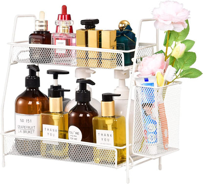 LEMIKKLE 2-Tier Bathroom Countertop Organizer,Skincare, Makeup Countertop Organizers, Kitchen, Bathroom Counter Storage with Small Basket (Black)