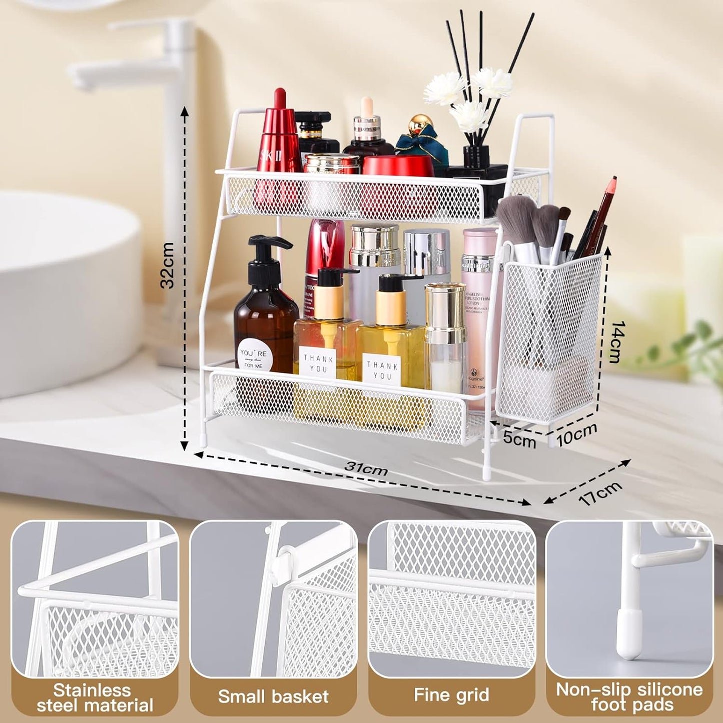 LEMIKKLE 2-Tier Bathroom Countertop Organizer,Skincare, Makeup Countertop Organizers, Kitchen, Bathroom Counter Storage with Small Basket (Black)