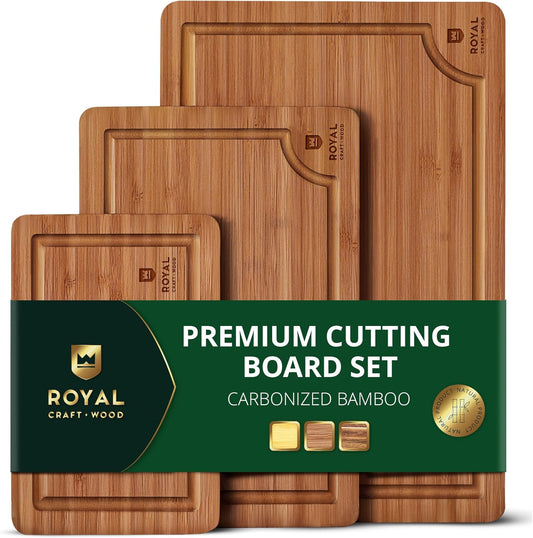 Wooden Cutting Boards for Kitchen Appliances - Non Toxic Bamboo Wood Cutting Board Set with Deep Juice Groove, Side Handles, Charcuterie & Butcher Block for Meat, Meal Prep & Serving