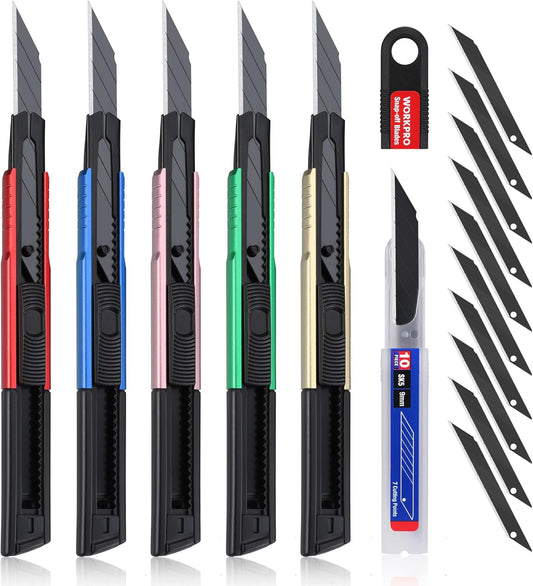 Premium Utility Knife Retractable Snap-off Blade, Heavy Duty Aluminum Box Cutter Set, Razor Knife Exacto Craft Knives, with 10 Extra 9mm Blades, Pack of 5