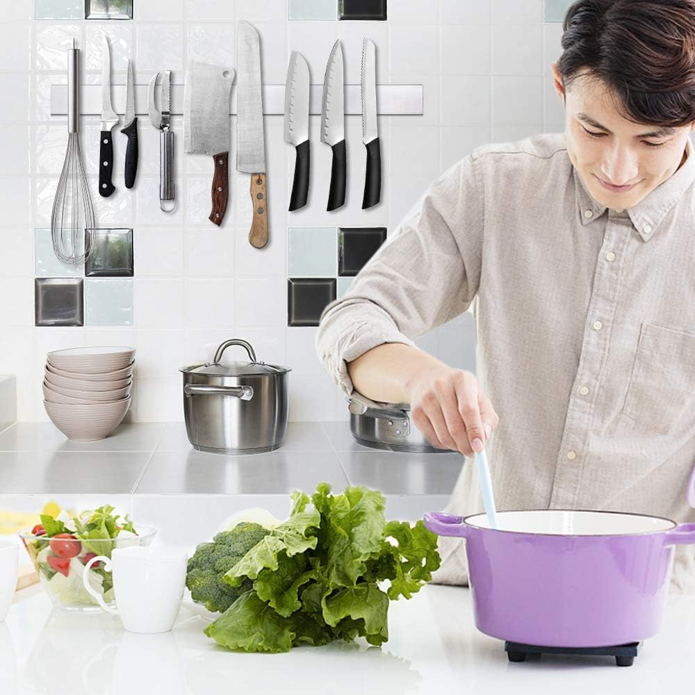 12 Inch Magnetic Knife Strip, Premium Stainless Steel Wall Mounted Kitchen Knives Bar,Space-Saving Powerful No Drilling Magnetic Knife Rack for Home Kitchen Utensil Holder & Tool Holder