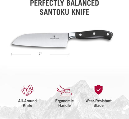 Grand Maitre 7 Inch Santoku Knife - Sharp Kitchen Knife with a Straight Edge - Ergonomic Chopping Knife, Black
