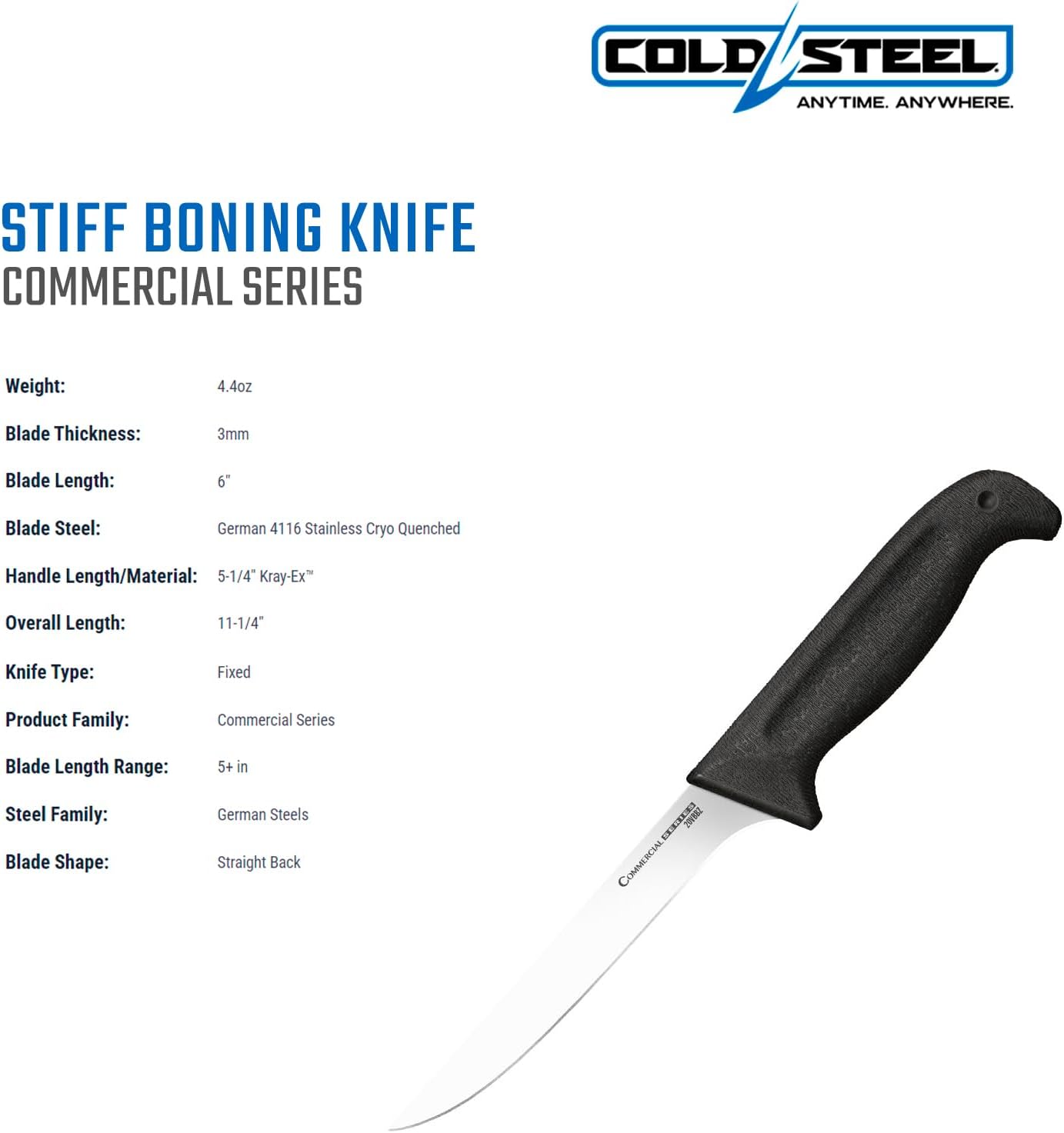 Cold Steel Commercial Series 6" Flexible German 4116 Stainless Steel Fixed Blade Narrow Straight Back Game & Fish Processing Cutting Boning Knife with Ergonomic Kray-Ex Handle