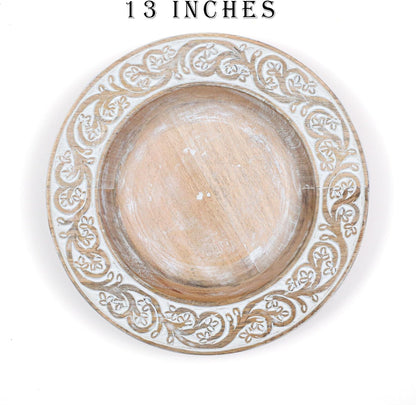 Mango Carving Wood Round Platters for Ottoman or Side table, Charcuterie Board or Cheese Platter for Living Room (13" x 13" x 2" - White Wash)