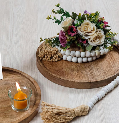 Mango Carving Wood Round Platters for Ottoman or Side table, Charcuterie Board or Cheese Platter for Living Room (13" x 13" x 2" - White Wash)