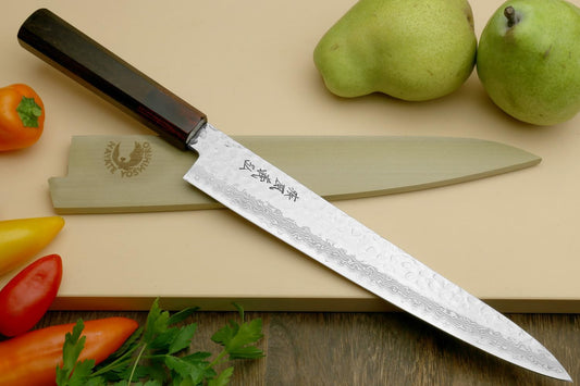 Yoshihiro VG10 46 Layers Hammered Damascus Sujihiki Japanese Slicer Knife (9.5" (240mm) Rosewood Handle)