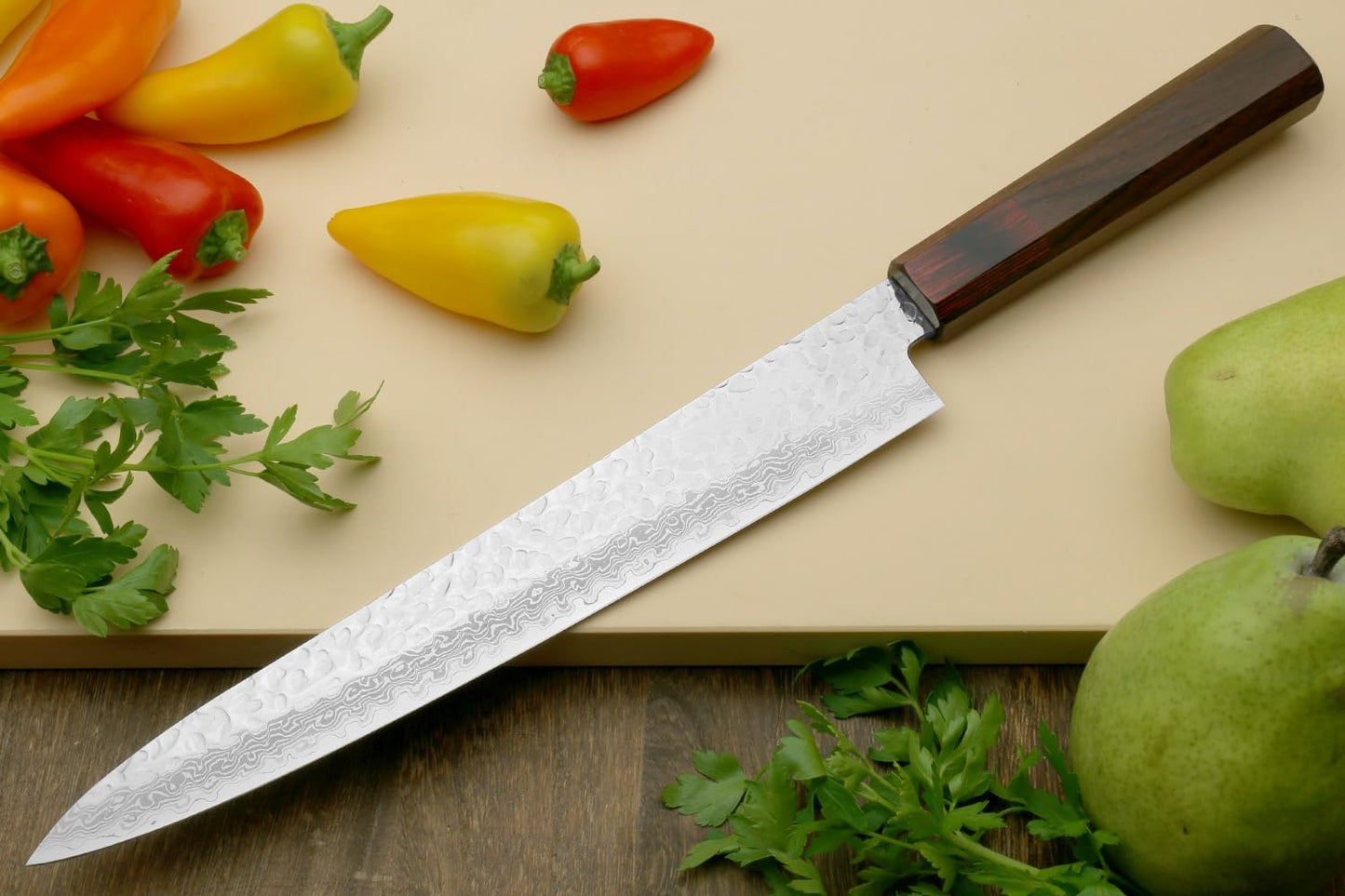 Yoshihiro VG10 46 Layers Hammered Damascus Sujihiki Japanese Slicer Knife (9.5" (240mm) Rosewood Handle)