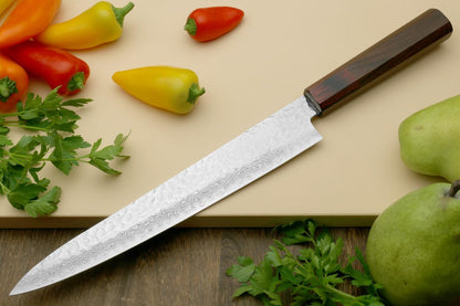 Yoshihiro VG10 46 Layers Hammered Damascus Sujihiki Japanese Slicer Knife (9.5" (240mm) Rosewood Handle)