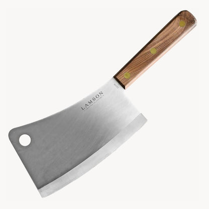 Lamson Meat Cleaver, 7.25 In High Carbon Steel Bone Knife, Walnut | Splits chicken joints and pork ribs; broad face crushes garlic; brass-riveted handle; handcrafted in Massachusetts