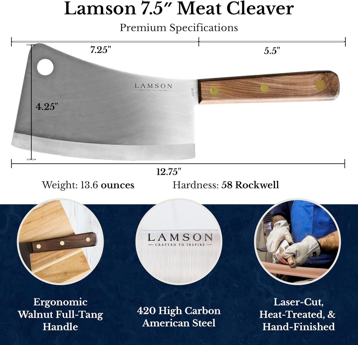 Lamson Meat Cleaver, 7.25 In High Carbon Steel Bone Knife, Walnut | Splits chicken joints and pork ribs; broad face crushes garlic; brass-riveted handle; handcrafted in Massachusetts