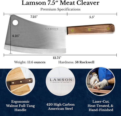 Lamson Meat Cleaver, 7.25 In High Carbon Steel Bone Knife, Walnut | Splits chicken joints and pork ribs; broad face crushes garlic; brass-riveted handle; handcrafted in Massachusetts