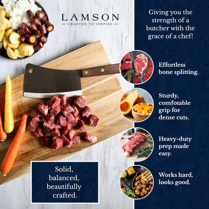 Lamson Meat Cleaver, 7.25 In High Carbon Steel Bone Knife, Walnut | Splits chicken joints and pork ribs; broad face crushes garlic; brass-riveted handle; handcrafted in Massachusetts