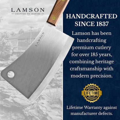 Lamson Meat Cleaver, 7.25 In High Carbon Steel Bone Knife, Walnut | Splits chicken joints and pork ribs; broad face crushes garlic; brass-riveted handle; handcrafted in Massachusetts