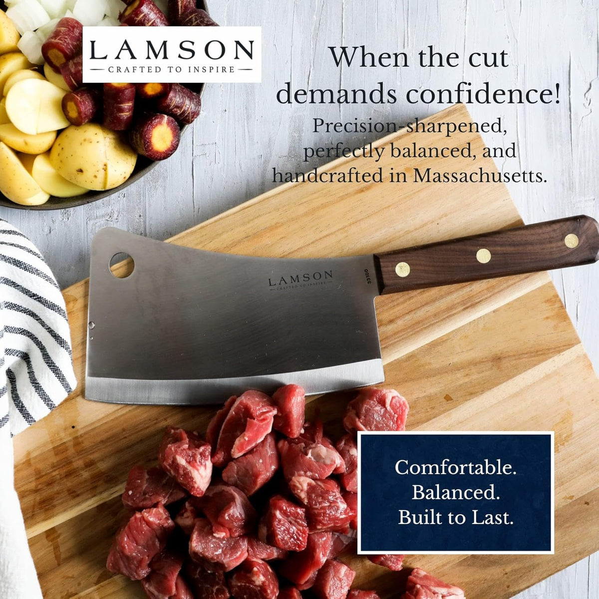 Lamson Meat Cleaver, 7.25 In High Carbon Steel Bone Knife, Walnut | Splits chicken joints and pork ribs; broad face crushes garlic; brass-riveted handle; handcrafted in Massachusetts