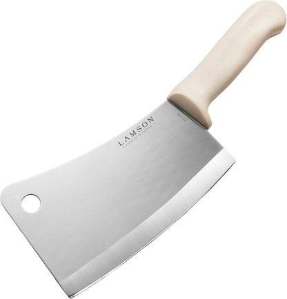 Lamson Meat Cleaver, 7.25 In High Carbon Steel Bone Knife, Walnut | Splits chicken joints and pork ribs; broad face crushes garlic; brass-riveted handle; handcrafted in Massachusetts