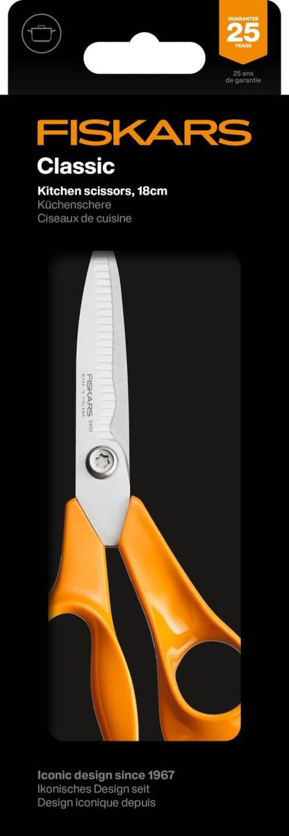 Classic Kitchen Scissors, Serrated Blades, Right-Handed use, Total Length: 18.7 cm, Improved Torx Screw and More Ergonomic Handle, Quality Steel/Plastic, Orange, 1075051