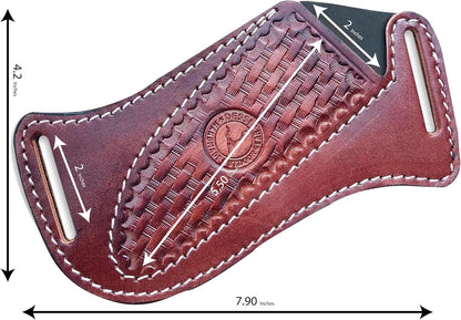 Cross Side Draw Knife Sheath for Belt, Italian Cowhide Tooled Pancake Holster, Horizontal Carry for Fixed Blade Hunting/EDC, Fits 3.5-5.5 in Blade, SM157