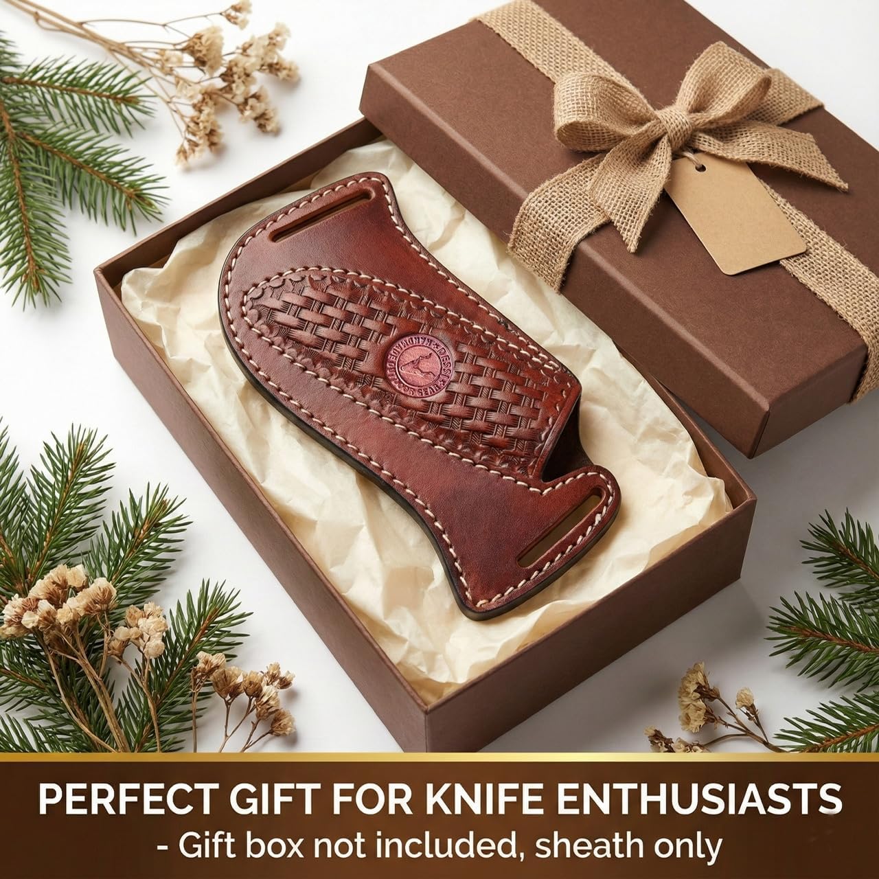 Cross Side Draw Knife Sheath for Belt, Italian Cowhide Tooled Pancake Holster, Horizontal Carry for Fixed Blade Hunting/EDC, Fits 3.5-5.5 in Blade, SM157