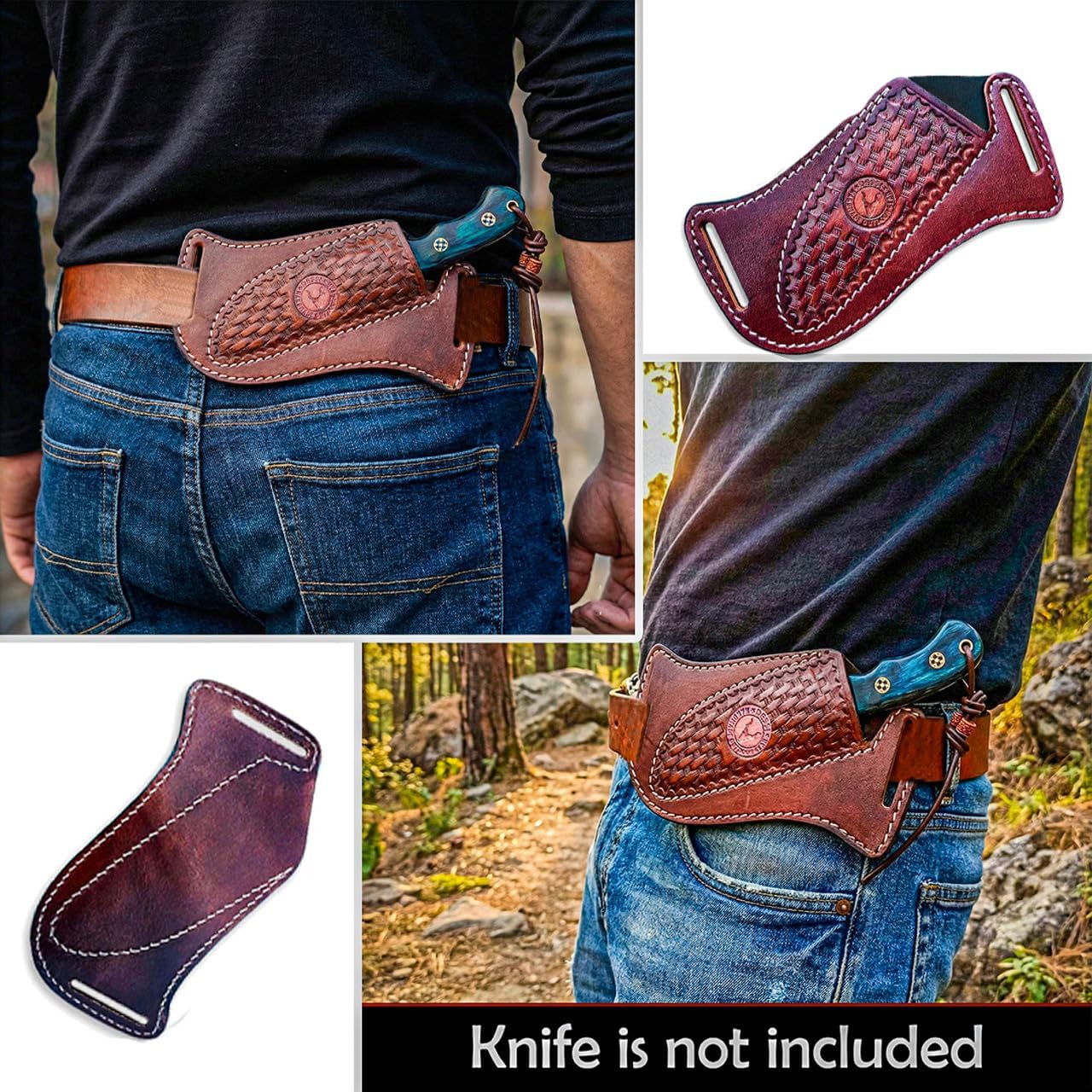 Cross Side Draw Knife Sheath for Belt, Italian Cowhide Tooled Pancake Holster, Horizontal Carry for Fixed Blade Hunting/EDC, Fits 3.5-5.5 in Blade, SM157