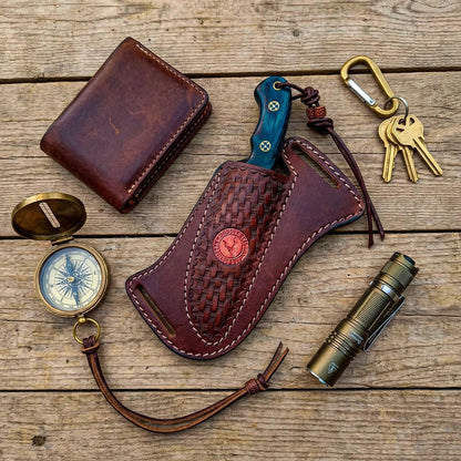 Cross Side Draw Knife Sheath for Belt, Italian Cowhide Tooled Pancake Holster, Horizontal Carry for Fixed Blade Hunting/EDC, Fits 3.5-5.5 in Blade, SM157