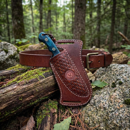 Cross Side Draw Knife Sheath for Belt, Italian Cowhide Tooled Pancake Holster, Horizontal Carry for Fixed Blade Hunting/EDC, Fits 3.5-5.5 in Blade, SM157