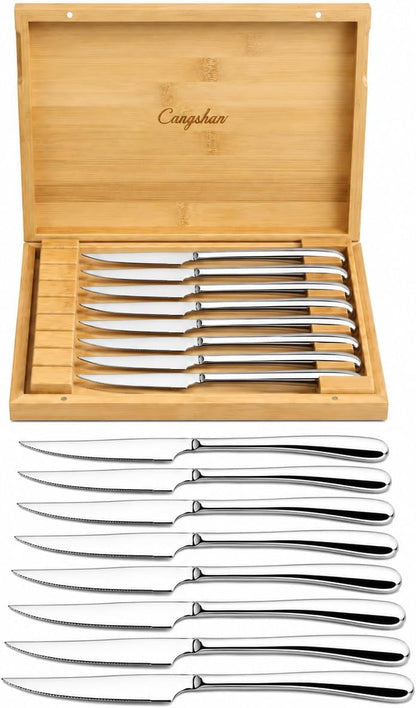 Cangshan 1027044 Rain II Series 8-Piece 420 Stainless Steel Forged Steak Knife Set in Bamboo Storage Chest