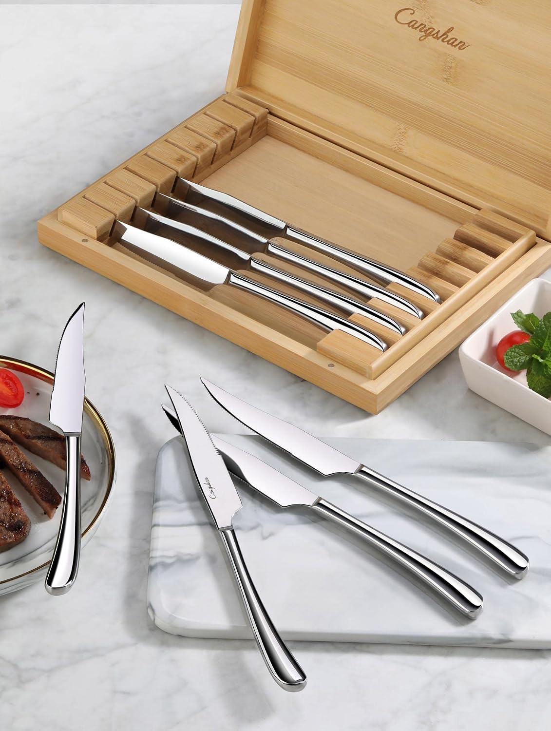 Cangshan 1027044 Rain II Series 8-Piece 420 Stainless Steel Forged Steak Knife Set in Bamboo Storage Chest